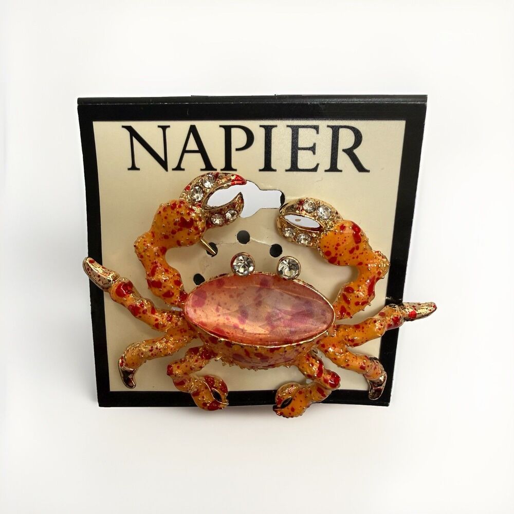 Napier Gold tone Rhinestone Crab Pin Brooch Jelly Belly Ocean Sea Life Vacation